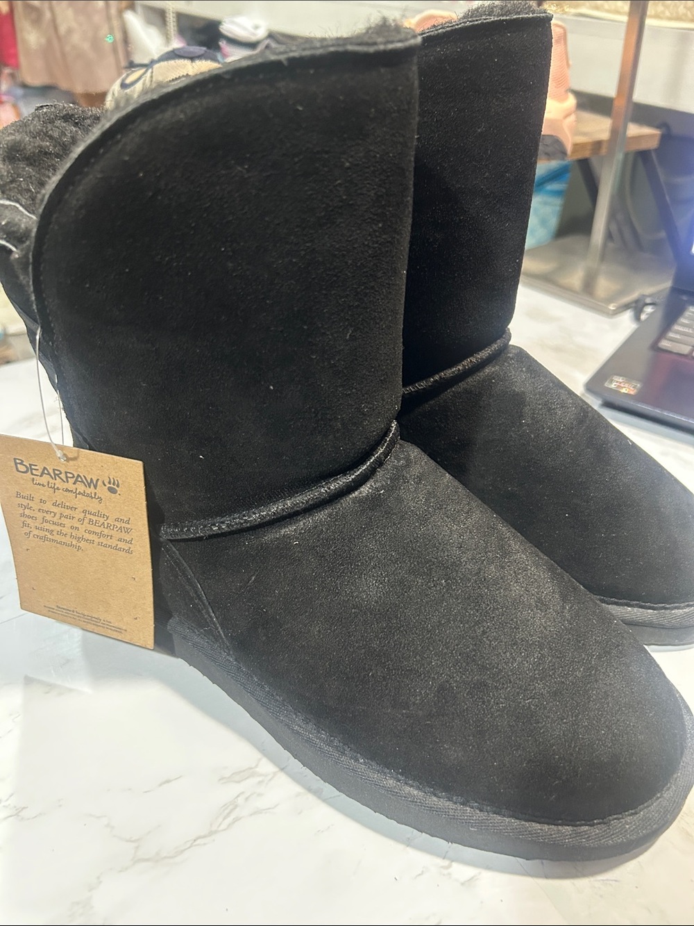 BearPaw Women's Short Black Suede Shearling Slippers